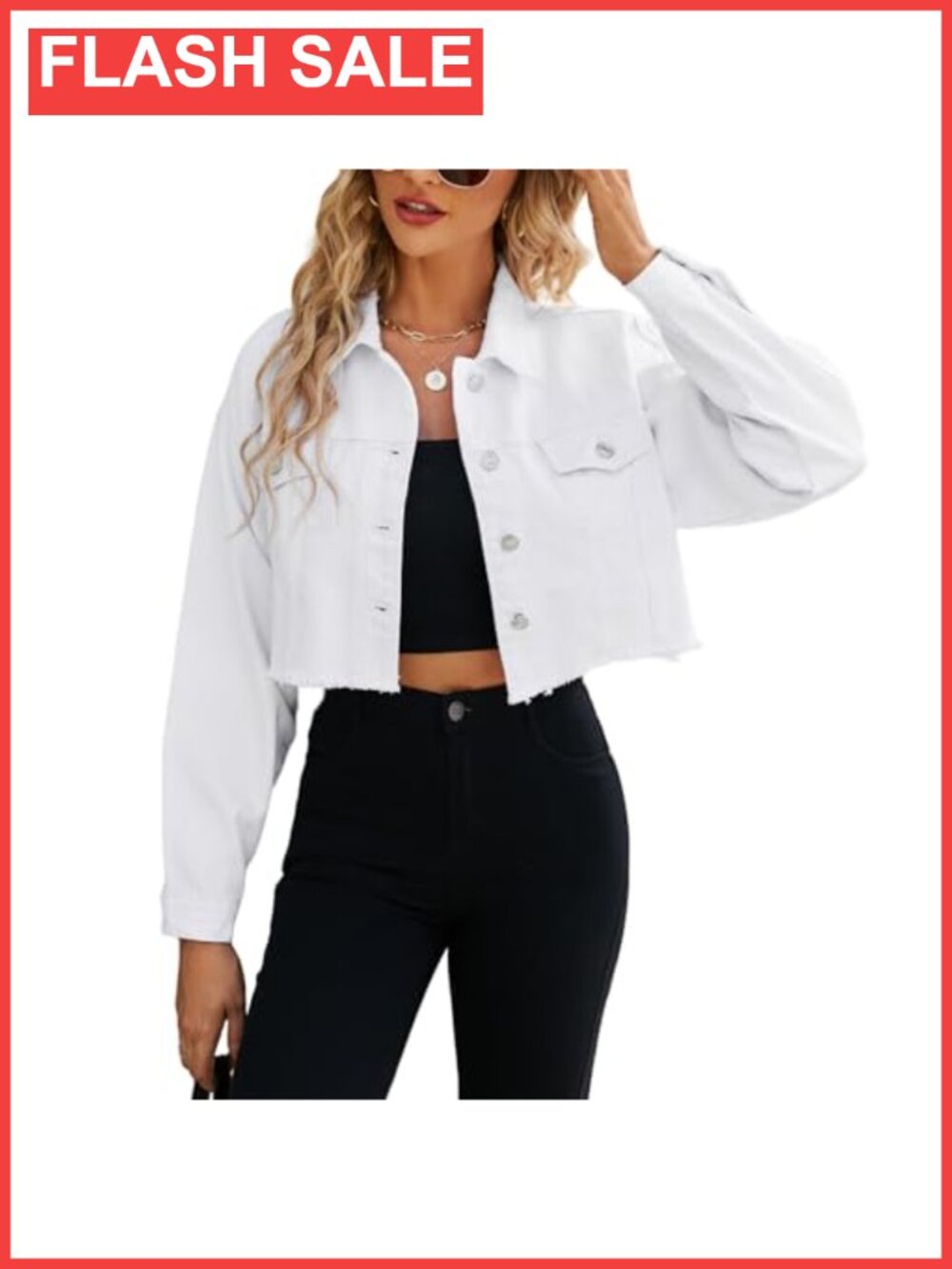 Women's Cropped Denim Jacket Distressed Button-Down Long Sleeve Ripped Frayed